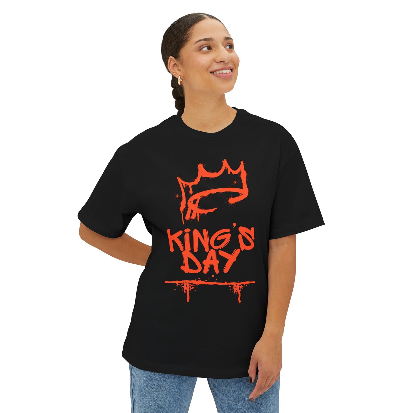 King's Day Graphic Tee — Oversized Boxy Shirt with Red Crown Design