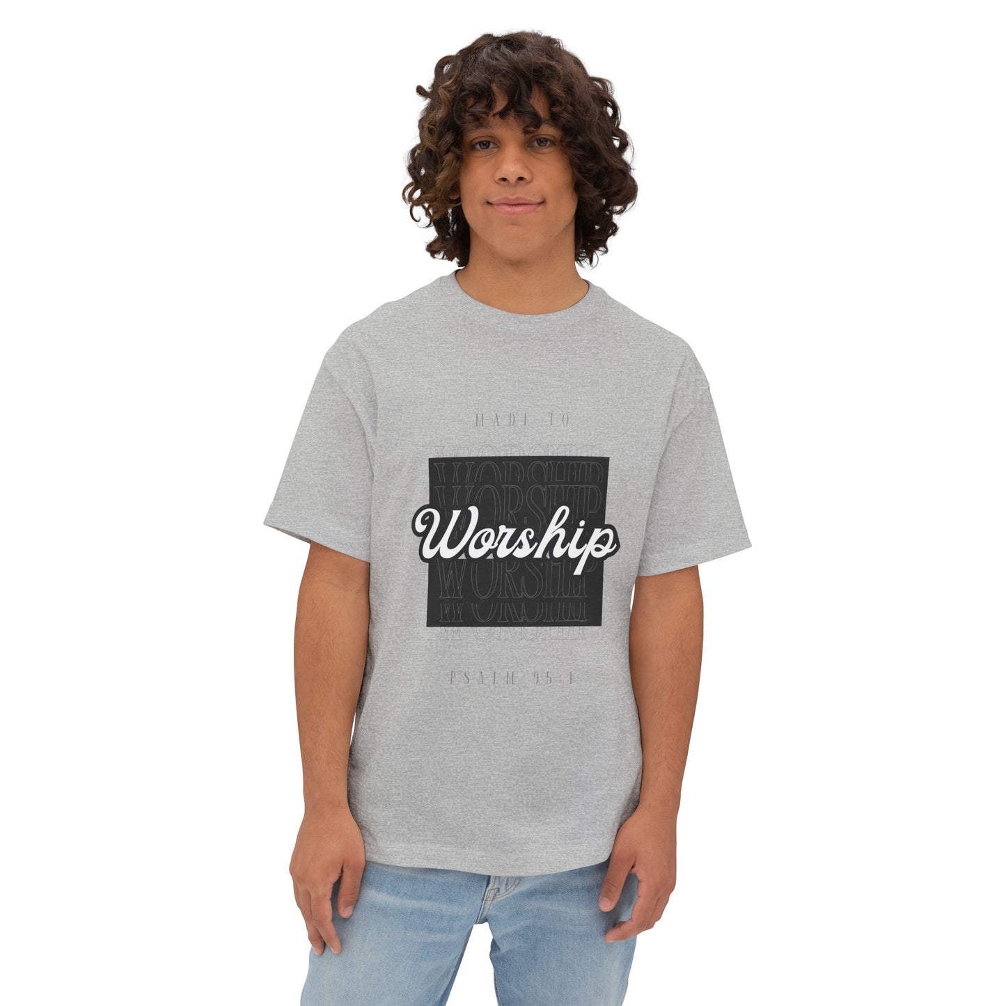 Worship Boxy Tee — Retro Script Faith T-Shirt (Psalm 95:1)