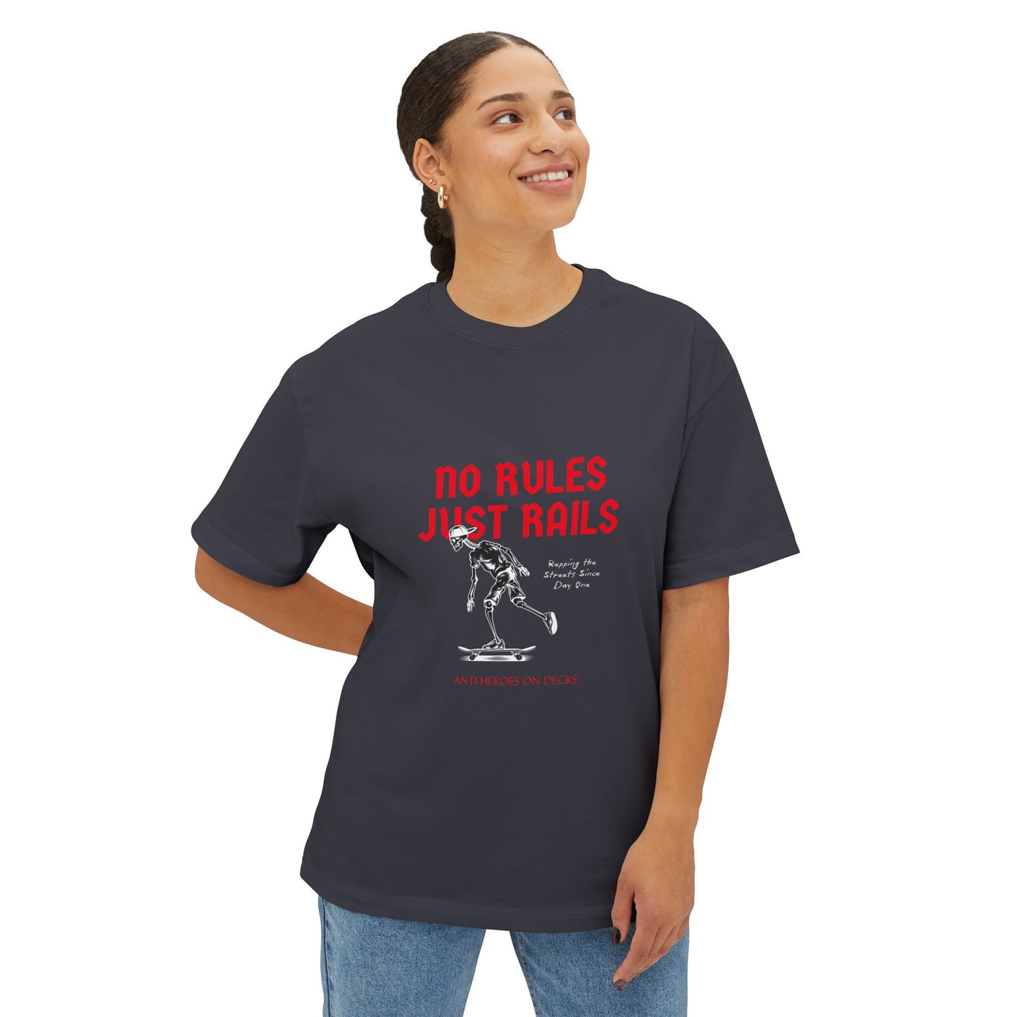 Skateboard Tee – “No Rules Just Rails” Graphic Boxy T‑Shirt
