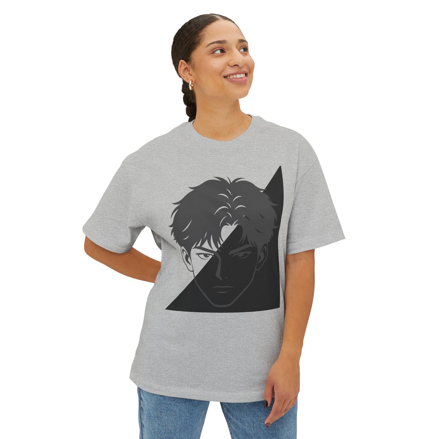 Anime Split-Face Graphic Tee — Monochrome Half-Shadow Design
