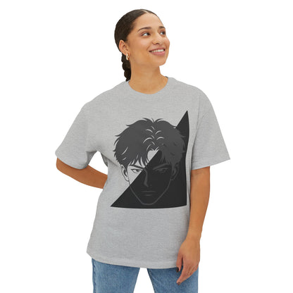 Anime Split-Face Graphic Tee — Monochrome Half-Shadow Design
