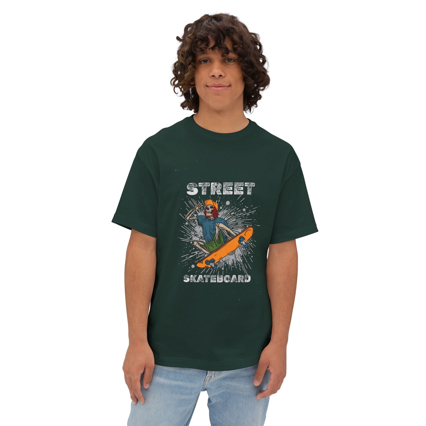 Skateboard Street Graphic Tee — Retro Skater Oversized Boxy T-Shirt
