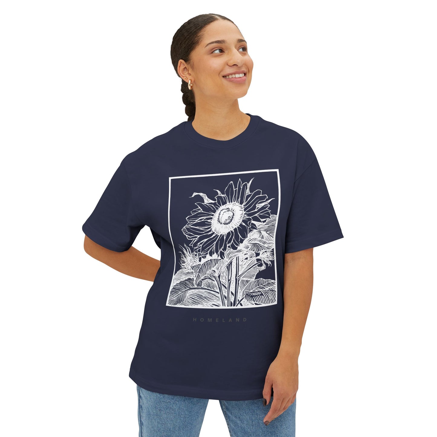 Sunflower Frame Graphic Tee — Monochrome Botanical Boxy T-Shirt