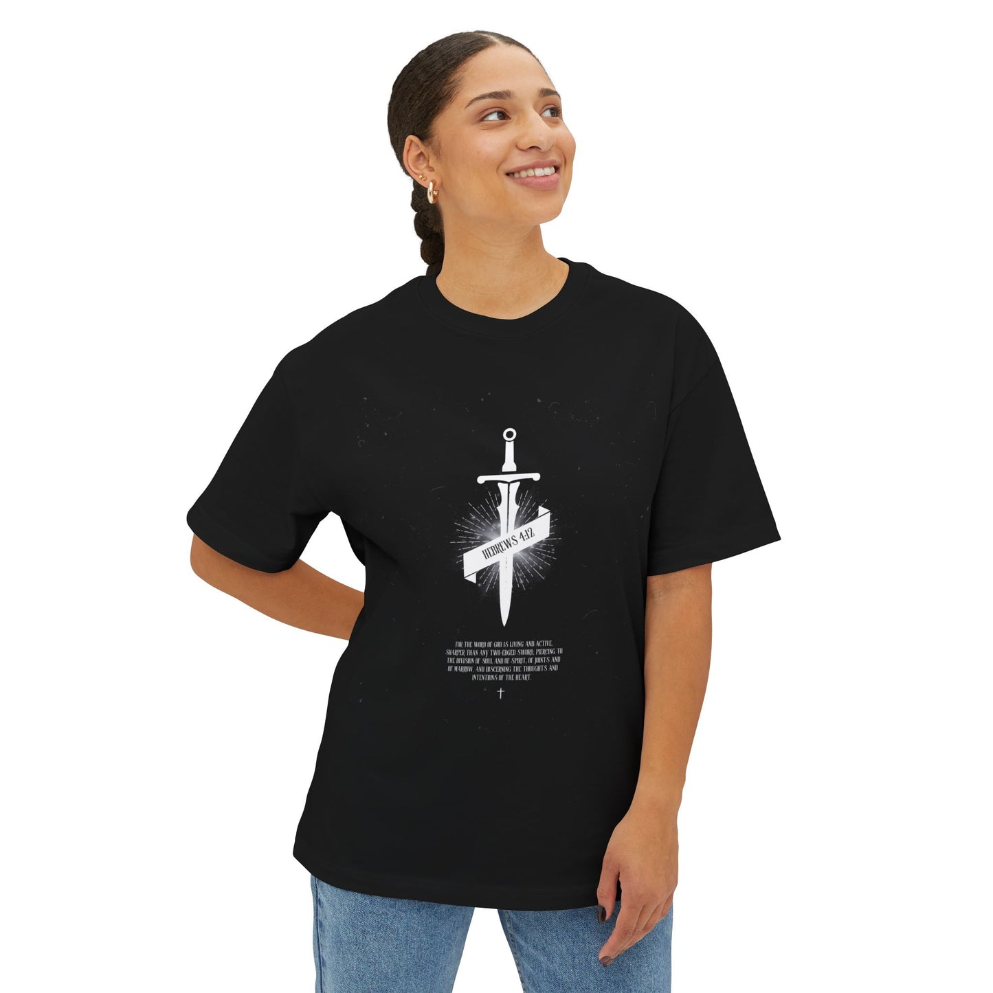 Boxy Tee — Dagger & Banner Graphic T-Shirt ("Forgive Us")
