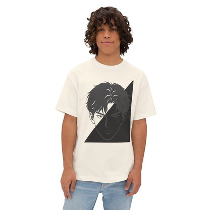 Anime Split-Face Graphic Tee — Monochrome Half-Shadow Design