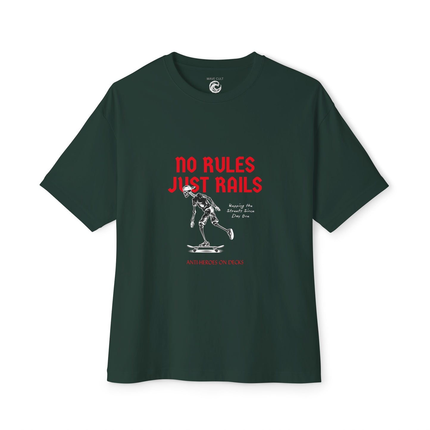 Skateboard Tee – “No Rules Just Rails” Graphic Boxy T‑Shirt