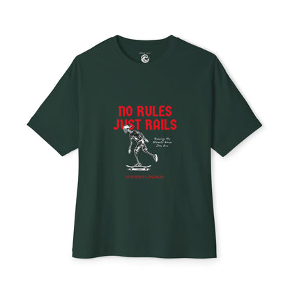 Skateboard Tee – “No Rules Just Rails” Graphic Boxy T‑Shirt