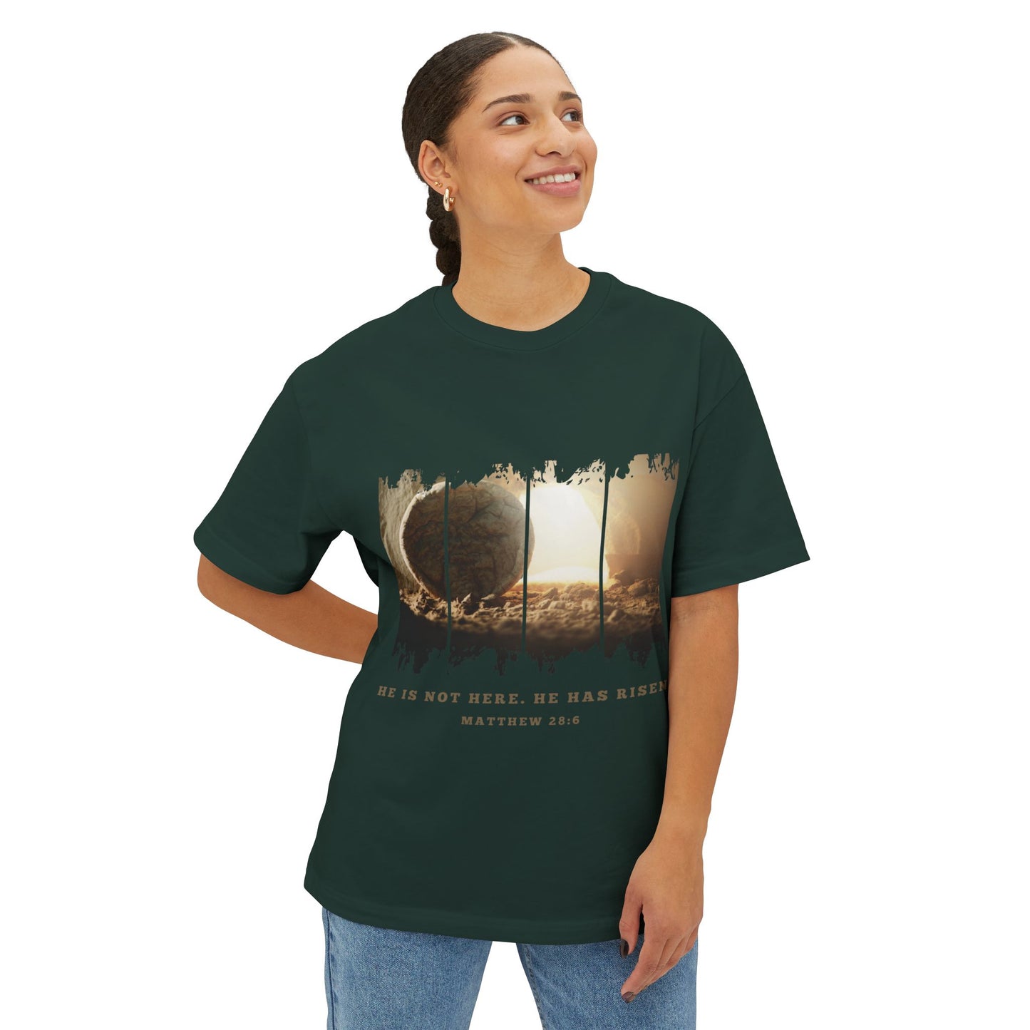He Is Risen Oversized Tee — Easter Christian Resurrection Shirt