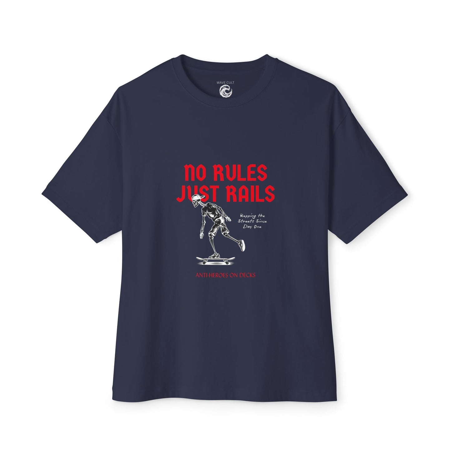 Skateboard Tee – “No Rules Just Rails” Graphic Boxy T‑Shirt