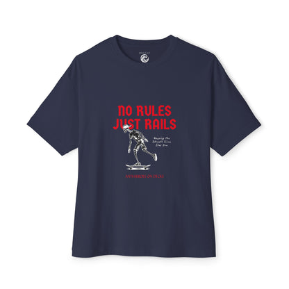 Skateboard Tee – “No Rules Just Rails” Graphic Boxy T‑Shirt
