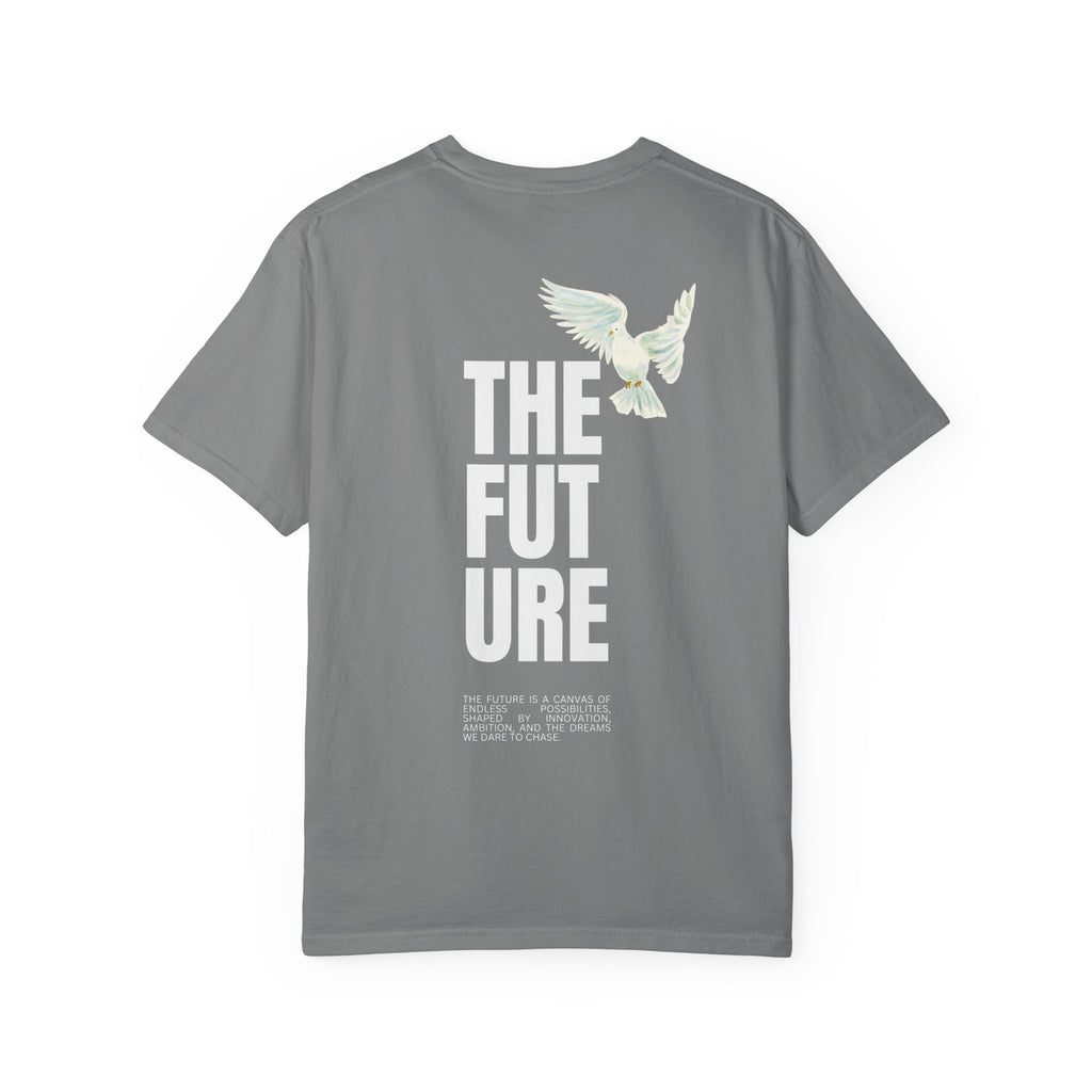 T-Shirt — 'THE FUTURE' Dove Graphic Tee with Headset Chest Sketch