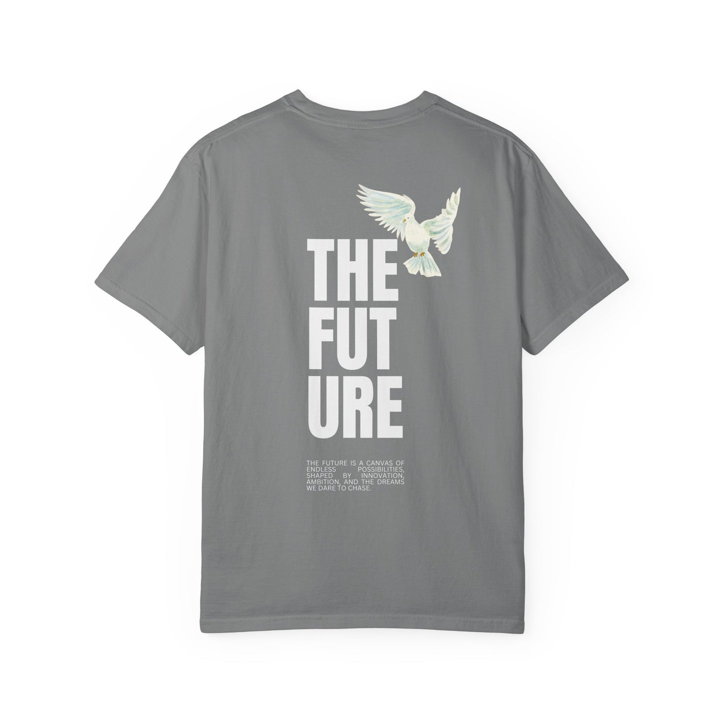 T-Shirt — 'THE FUTURE' Dove Graphic Tee with Headset Chest Sketch