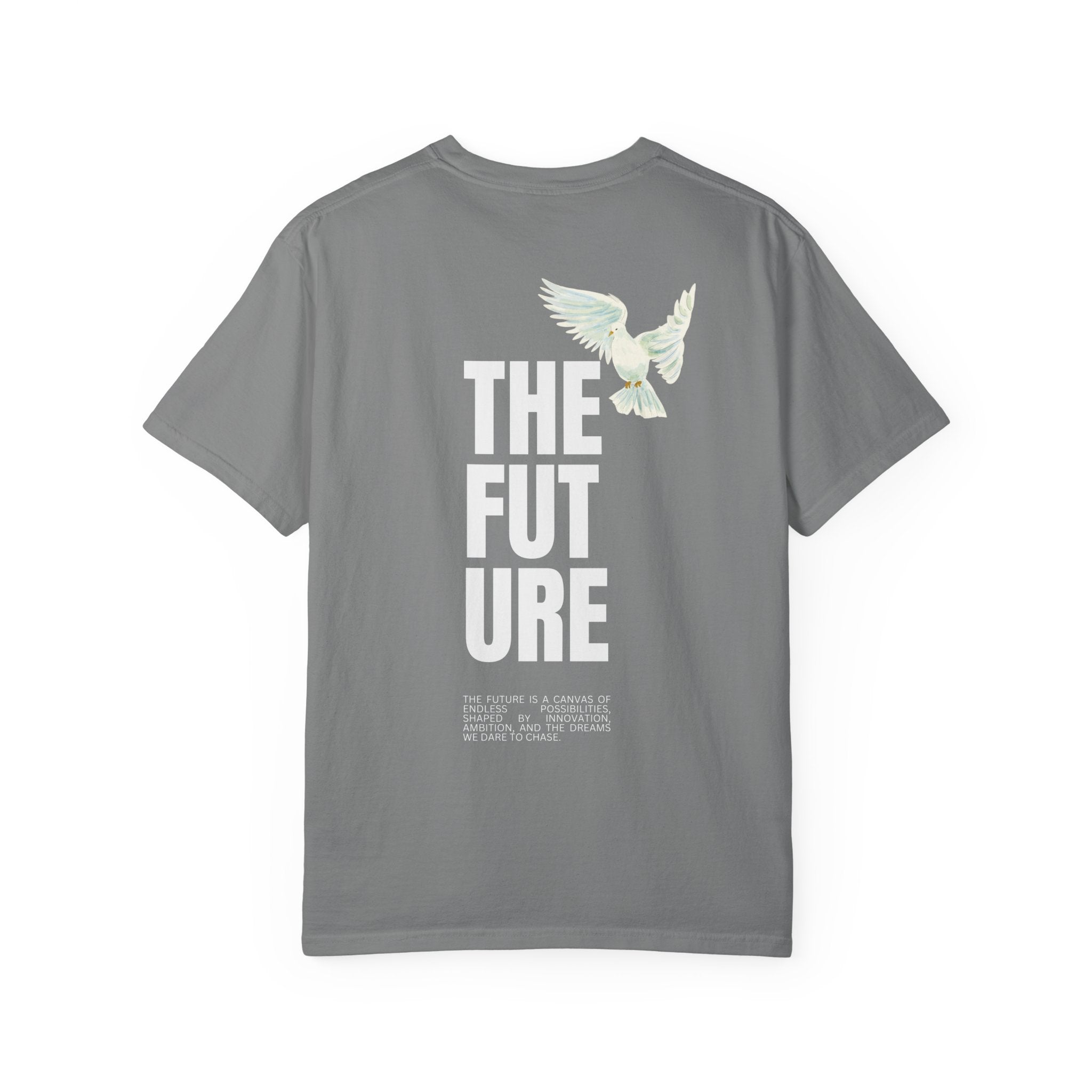 T-Shirt — 'THE FUTURE' Dove Graphic Tee with Headset Chest Sketch
