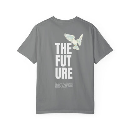 T-Shirt — 'THE FUTURE' Dove Graphic Tee with Headset Chest Sketch