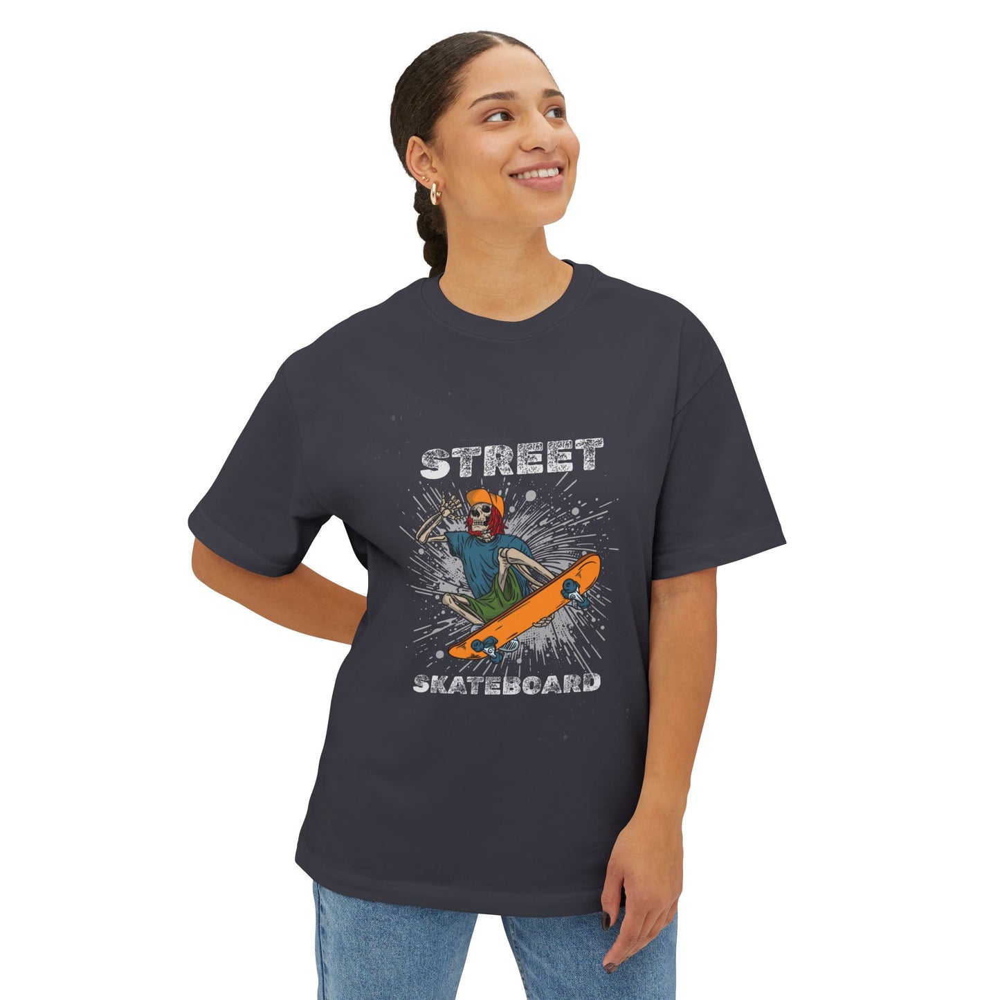 Skateboard Street Graphic Tee — Retro Skater Oversized Boxy T-Shirt