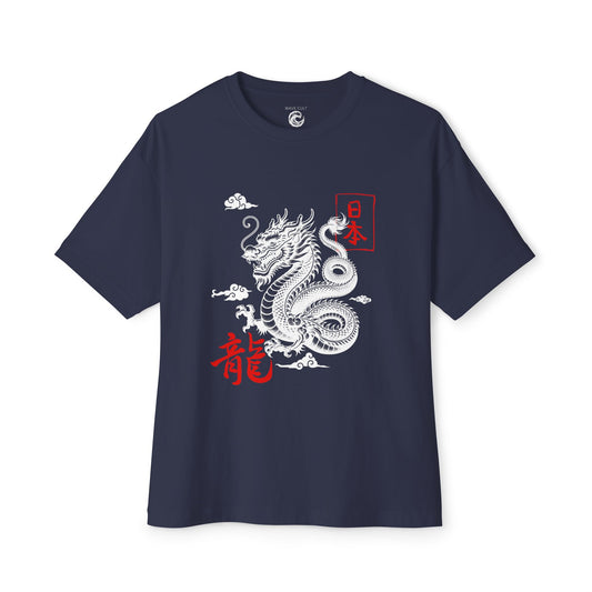 Boxy Tee — Minimal Red Kanji '龍' (Dragon) & '日本' Pocket Graphic