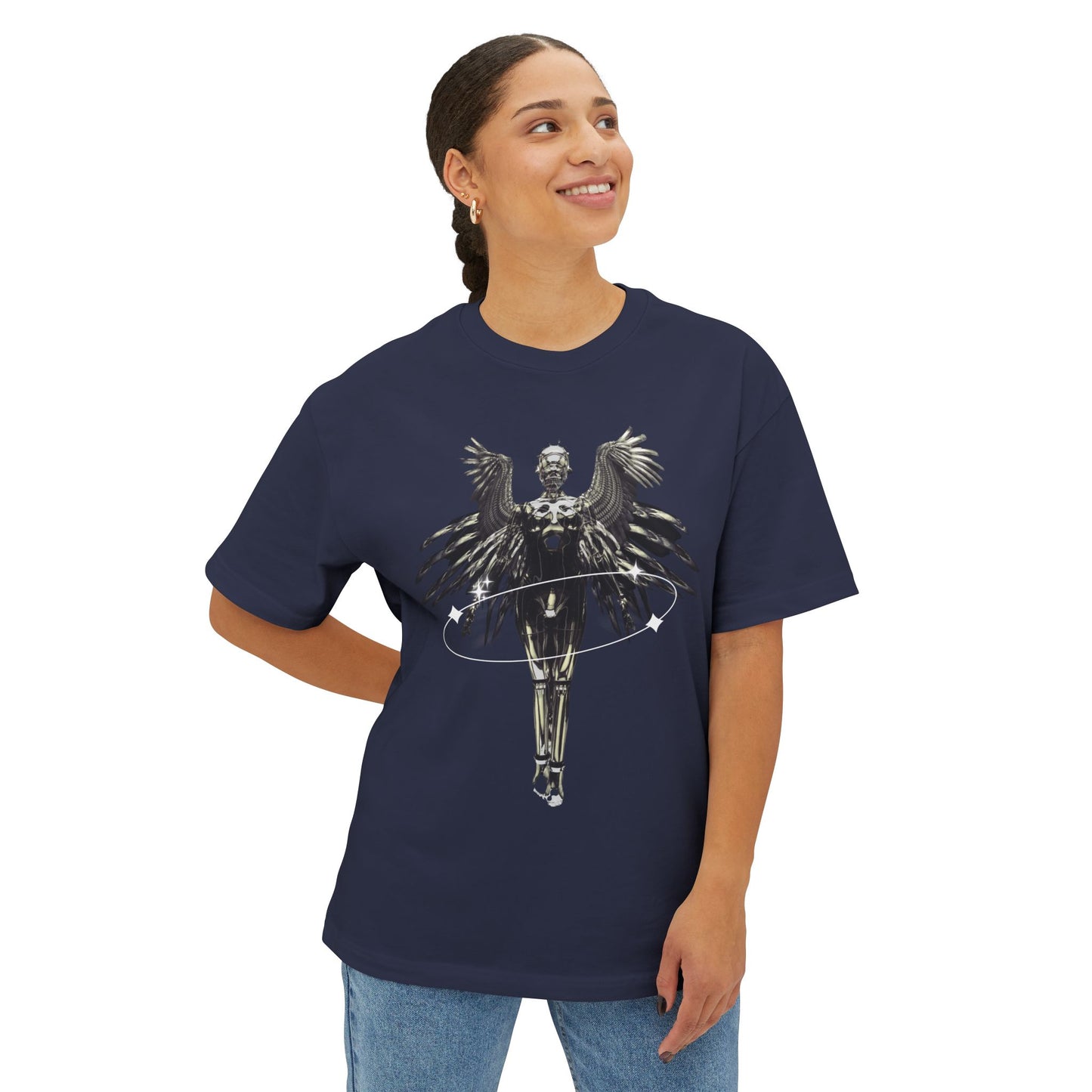 Angel Hula Hoop Graphic Tee — Metallic Angel Wings Streetwear Shirt