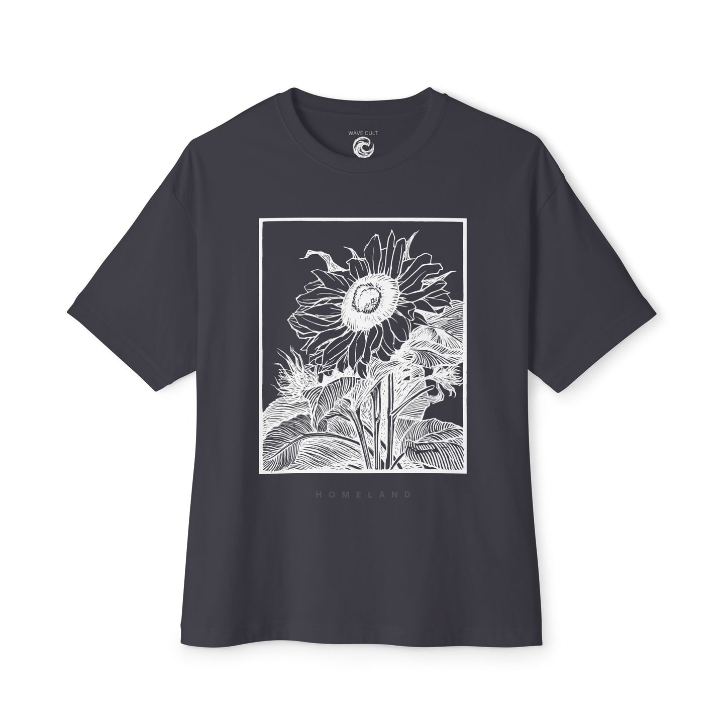 Sunflower Frame Graphic Tee — Monochrome Botanical Boxy T-Shirt