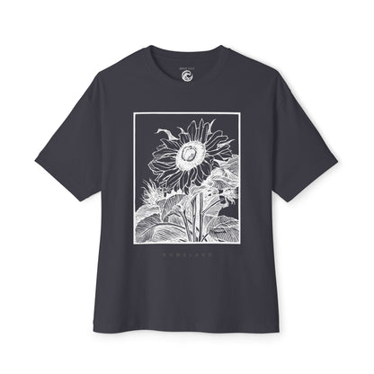 Sunflower Frame Graphic Tee — Monochrome Botanical Boxy T-Shirt