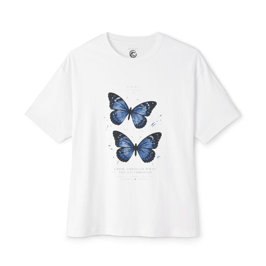 Blue Butterfly Oversized Tee – Casual Floral Graphic T-Shirt