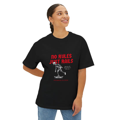 Skateboard Tee – “No Rules Just Rails” Graphic Boxy T‑Shirt