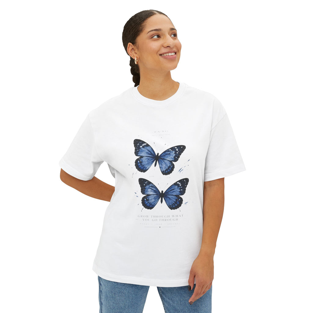 Blue Butterfly Oversized Tee – Casual Floral Graphic T-Shirt
