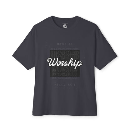 Worship Boxy Tee — Retro Script Faith T-Shirt (Psalm 95:1)