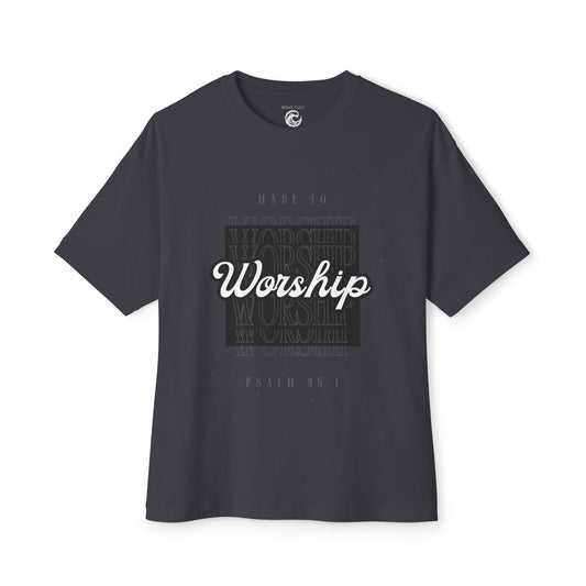 Worship Boxy Tee — Retro Script Faith T-Shirt (Psalm 95:1)