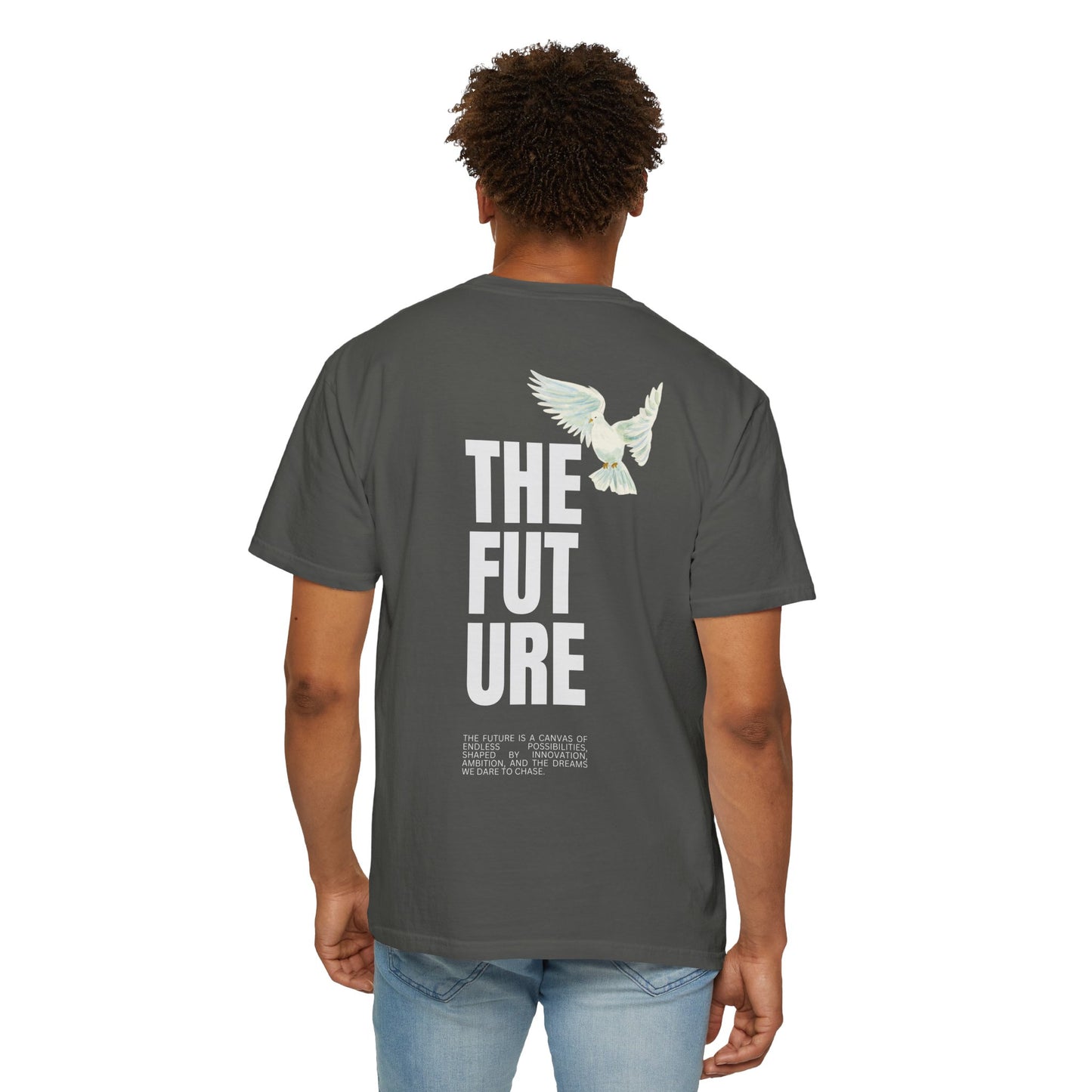 T-Shirt — 'THE FUTURE' Dove Graphic Tee with Headset Chest Sketch