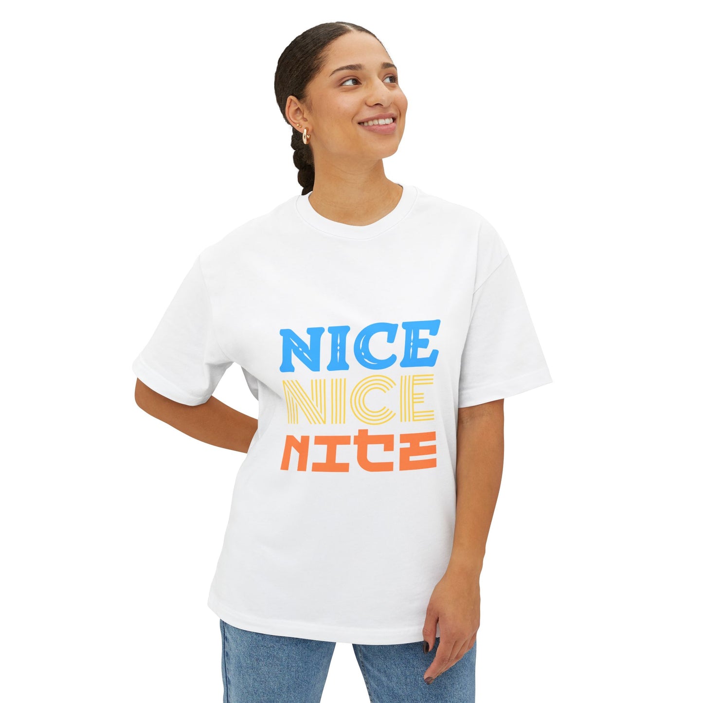Nice Nice Nice Boxy Tee — Retro Colorblock Graphic T‑Shirt
