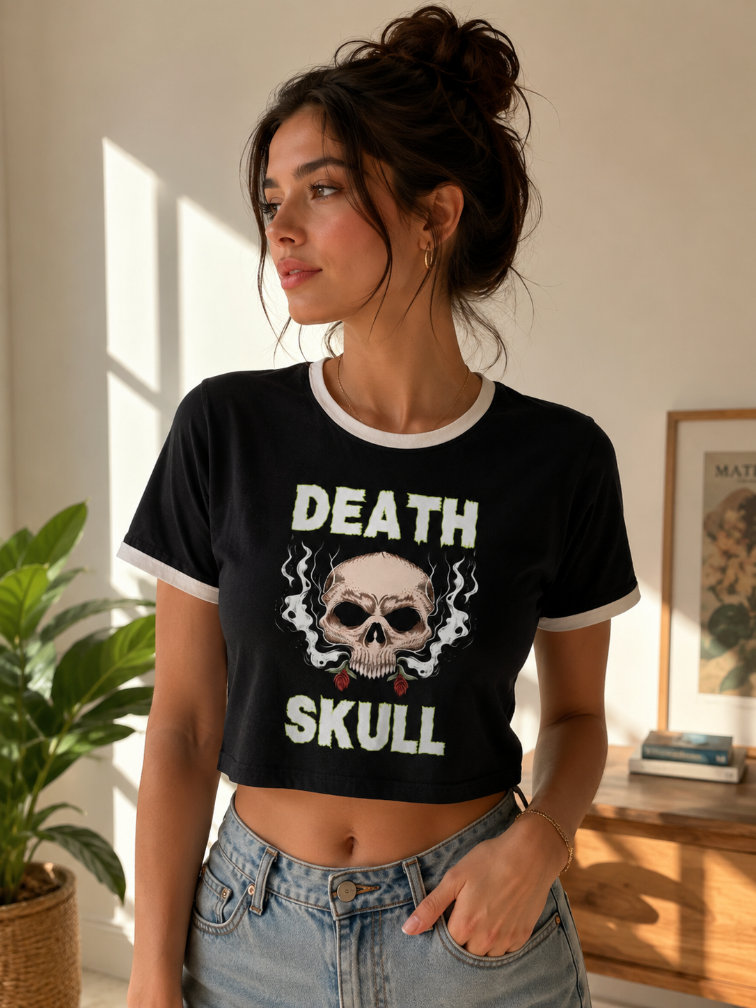 Skull Ringer Top — "Death Skull" Retro Goth Graphic Shirt