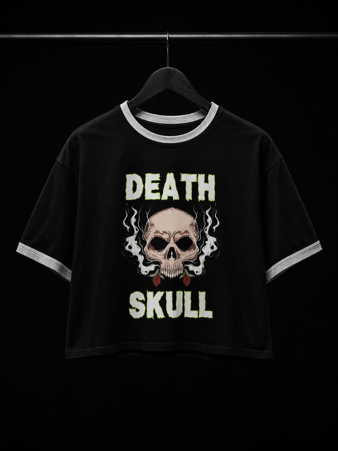 Skull Ringer Top — "Death Skull" Retro Goth Graphic Shirt